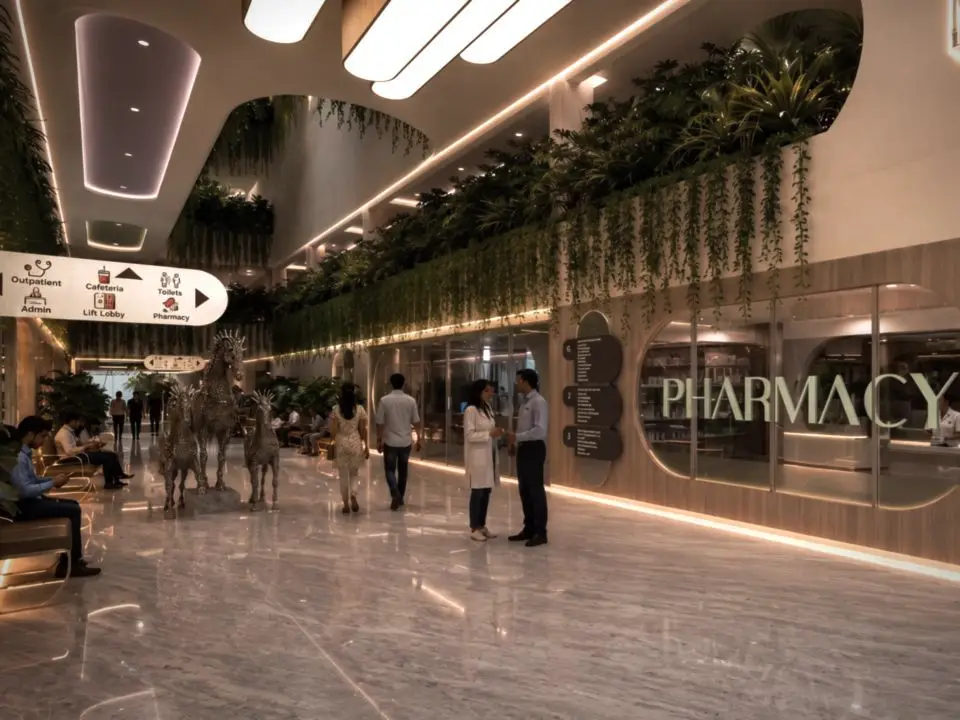 Render of a planted concourse in warm light: hanging greenery above the pharmacy, a sculpture of horses, and people waiting and walking while a doctor talks with a visitor.