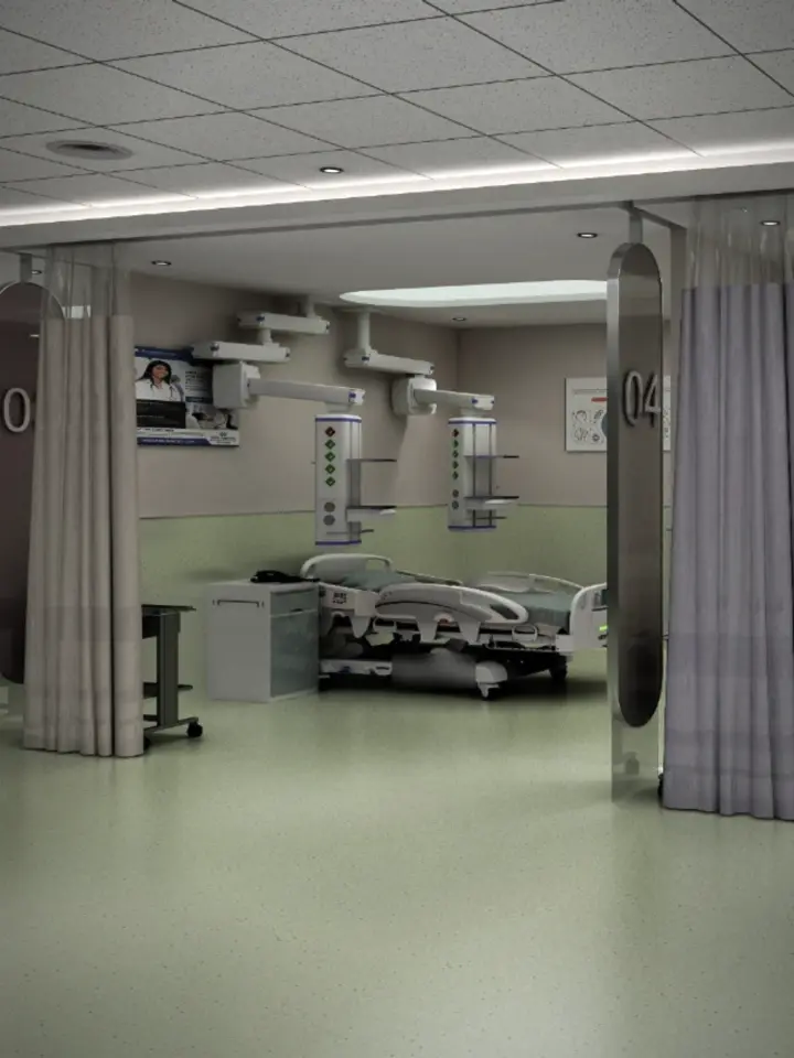 Render detail of a critical care bay: a bed beneath ceiling-mounted equipment arms, framed by curtains.