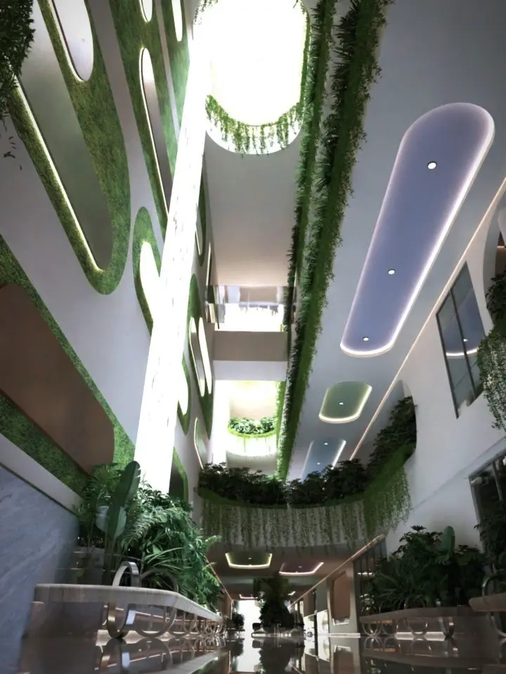 Render detail looking up through a planted atrium, with green walls and hanging plants around a daylit opening.