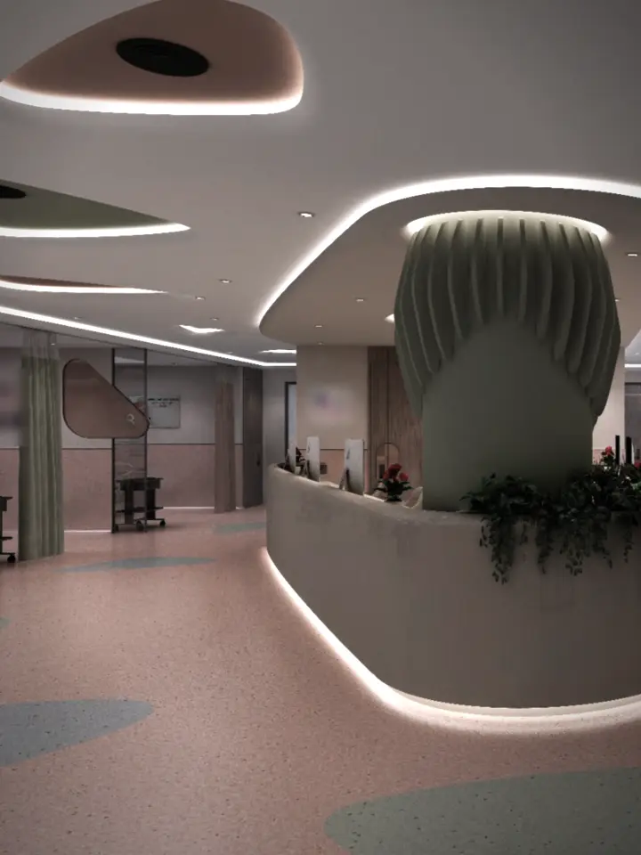 Render detail of a sculptural column with trailing plants above a softly lit nurse station in the planned paediatric intensive care unit.