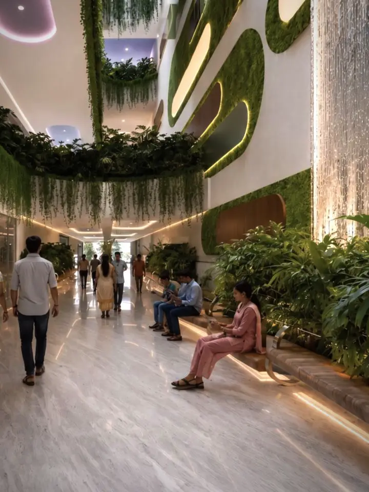Render detail of a planted walkway: people stroll and rest on benches set among greenery, beneath hanging plants and green walls.